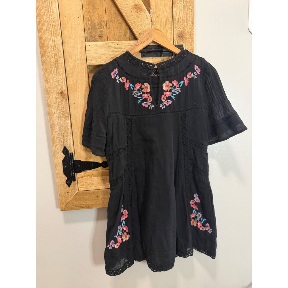 Free People Black Floral Embroidered Lace Trim Mini Dress XS Boho Short Sleeve - Picture 7 of 8